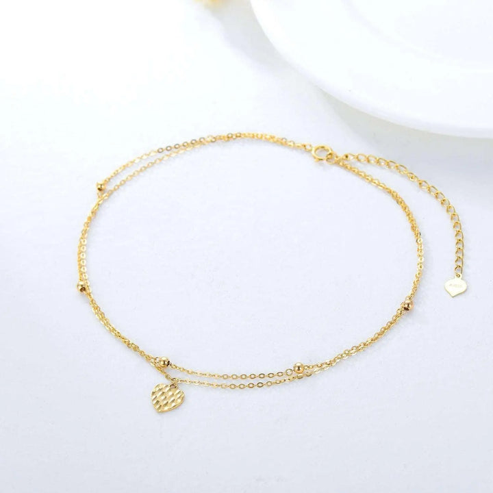 14K Solid Yellow Gold Heart Anklet for Women,Real Gold Station Double Chains Anklet Beach Anklet Beads Foot Bracelet Fine Jewelry Birthday Gifts for Her 9”+2” - Super Amazing Store