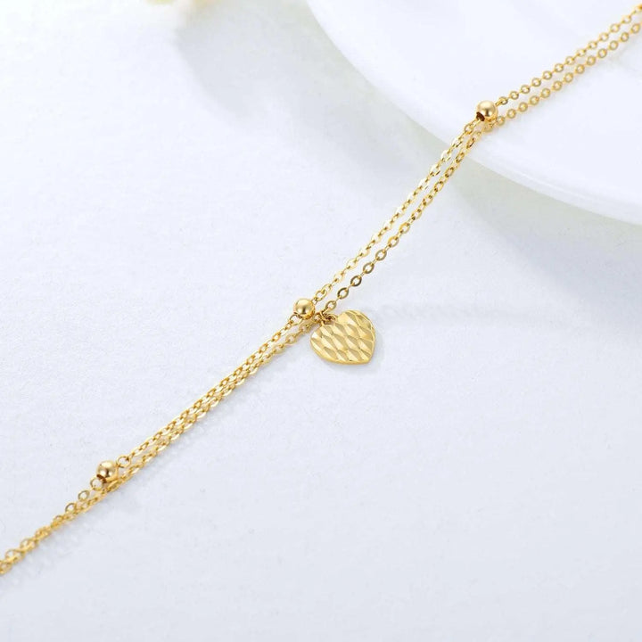 14K Solid Yellow Gold Heart Anklet for Women,Real Gold Station Double Chains Anklet Beach Anklet Beads Foot Bracelet Fine Jewelry Birthday Gifts for Her 9”+2” - Super Amazing Store