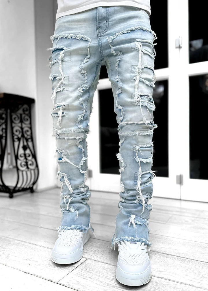 Men Trousers Individual Patched Pants Long Tight Fit Stacked Jeans For Mens Clothing-Super Amazing Store