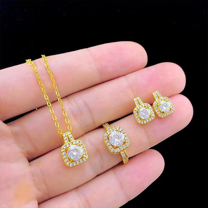 Fashion Jewelry Set Zircon Gem Pendant Chain Choker Necklace For Women Gold Color Stud Earring Statement Wedding Ring Super Amazing Store