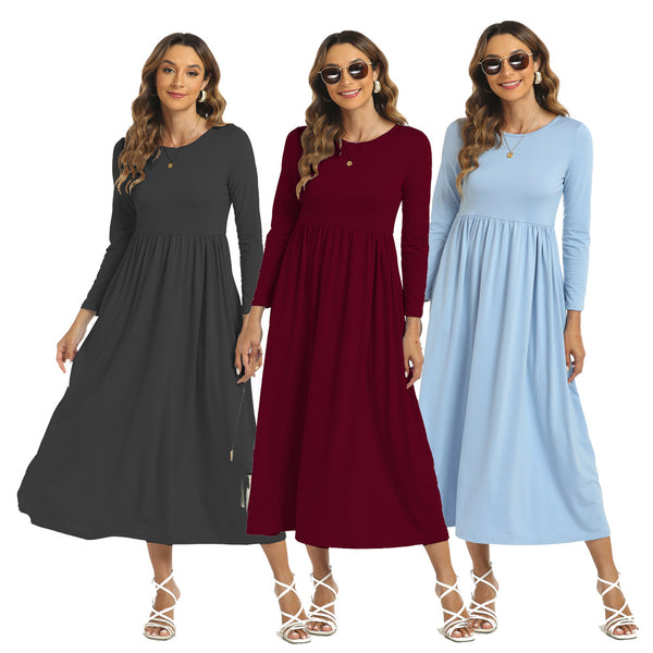 Middle East European And American Arab Muslim Solid Color Dress With Pockets Q2