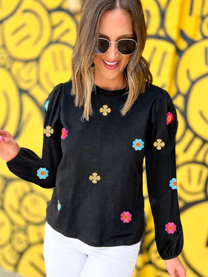 Pullover Long Sleeve Flower Embroidered Sweater - Super Amazing Store