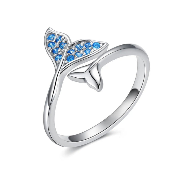 925 Sterling Silver Mermaid Tail With Blue Zircon Adjustable Open Rings - Super Amazing Store