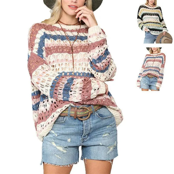 Hollow Knitted Sweater Color Stripe Stitching Round Neck Sweater Women - Super Amazing Store