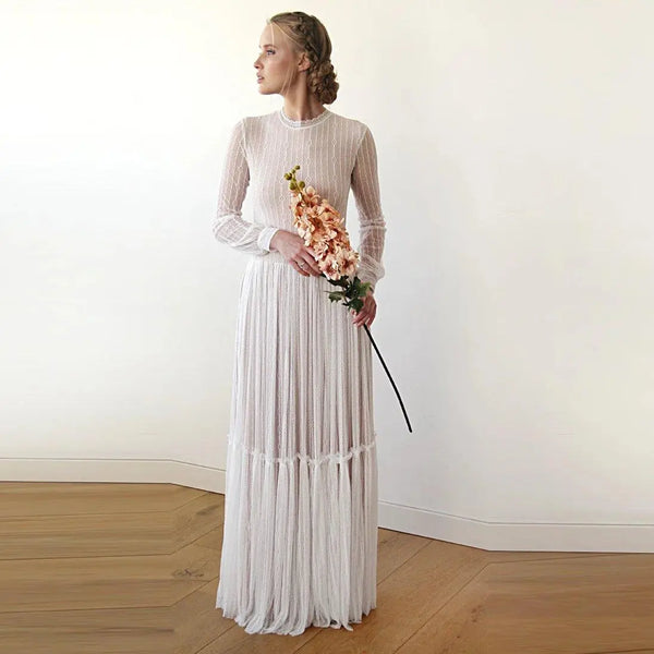 Modest Lace Wedding Dress, Gentle Stripes Pattern Maxi Dress 1209 - Super Amazing Store