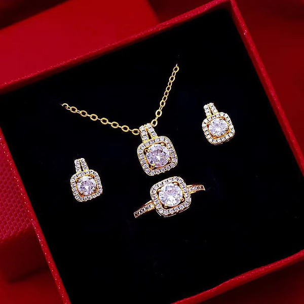 Fashion Jewelry Set Zircon Gem Pendant Chain Choker Necklace For Women Gold Color Stud Earring Statement Wedding Ring Super Amazing Store