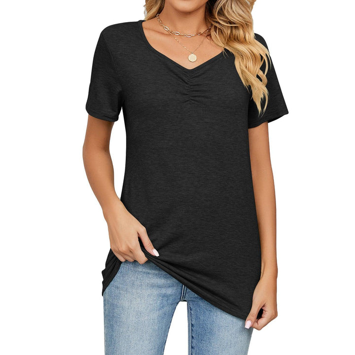 Women's Fashion V-neck Pleated Casual Solid Color Loose T-shirt - Super Amazing Store