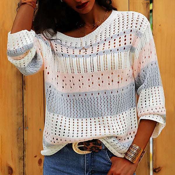SAS Women Long Sleeve Sweater European and American Fashion Casual Color Block Loose Sexy Knitted Sweater - Super Amazing Store