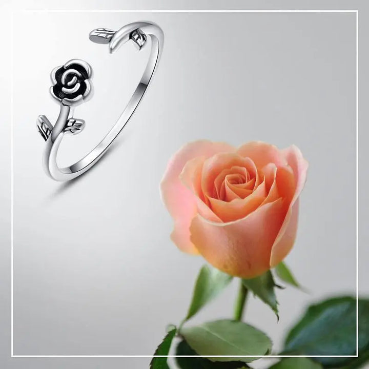 Sterling Silver Rose Flower Black Rose Leaves Adjustable Open Rings - Super Amazing Store