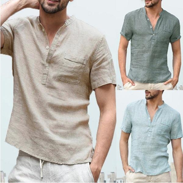 Casual Linen Solid Color Shirt Button V Neck Beach Shirt Men Summer Tops - Super Amazing Store