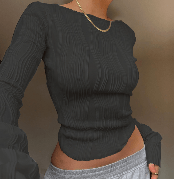 Ruffled Texture Pullover Long Sleeve Round Neck Slim T-shirt Female Hot - Super Amazing Store