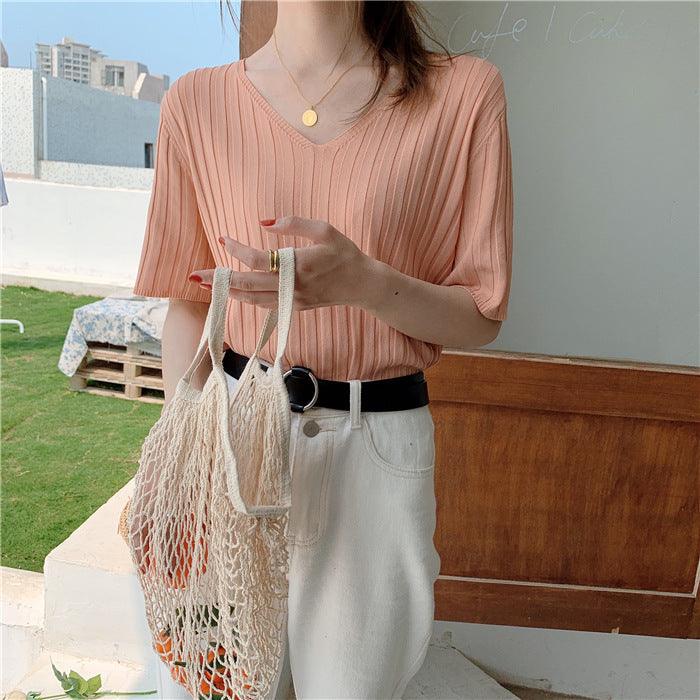 Top Thin Ice Silk Short Sleeve Knitted T-shirt - Super Amazing Store