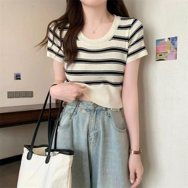 Women's Fashion Striped Knitted Short Sleeve T-shirt Top - Super Amazing Store