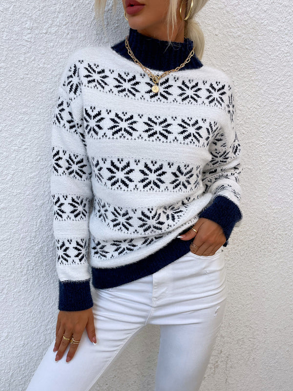 Snowflake Pattern Mock Neck Sweater - Super Amazing Store