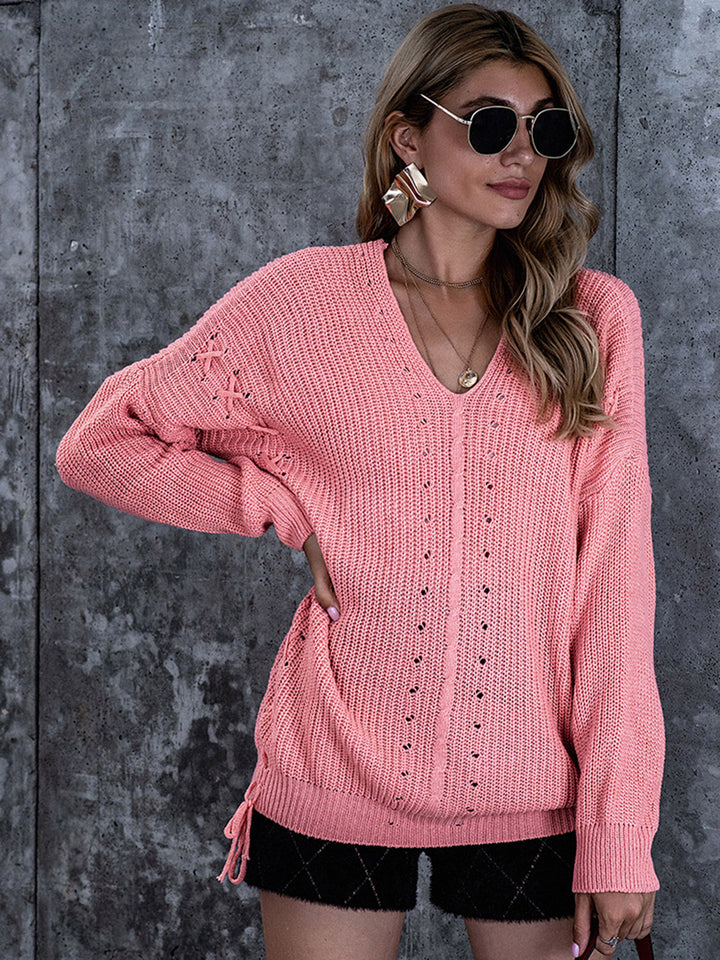 Lace-Up V-Neck Dropped Shoulder Sweater - Super Amazing Store