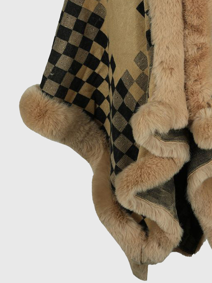 Checkered Faux Fur Trim Poncho - Super Amazing Store