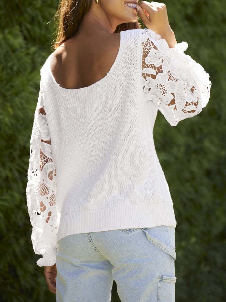 Ribbed Lace Trim Flounce Sleeve Knit Top - Super Amazing Store
