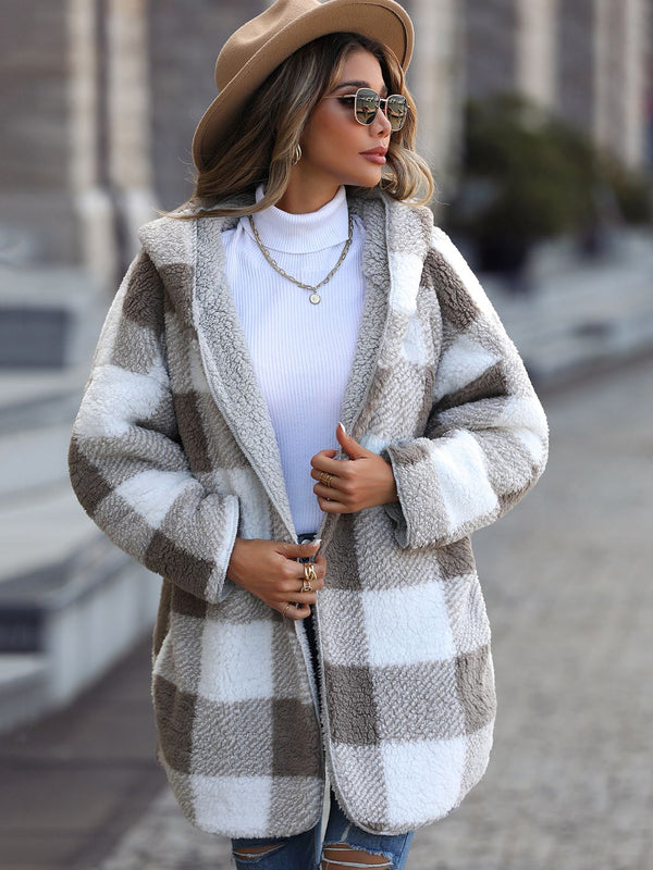 Plaid Open Front Hooded Coat - Super Amazing Store