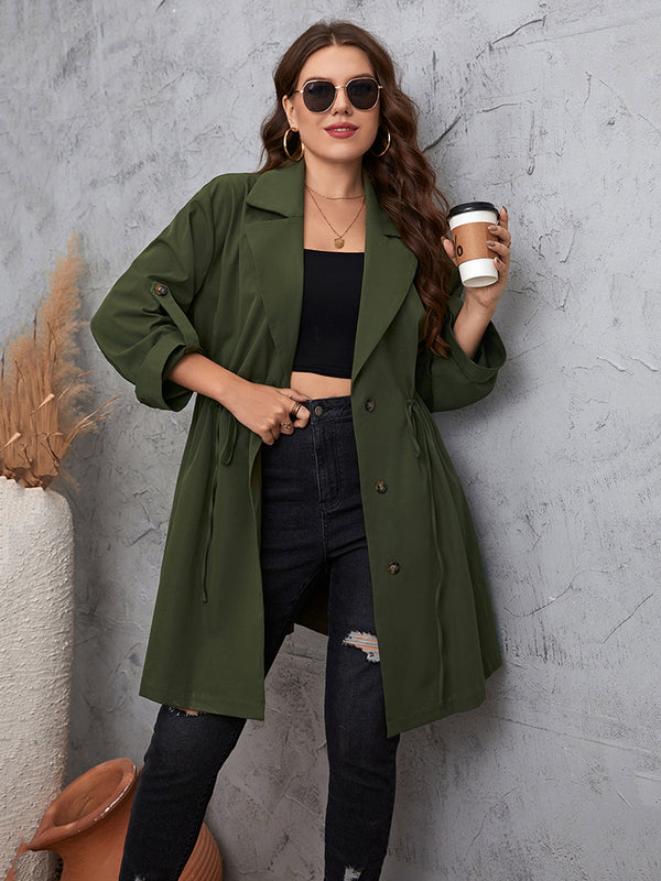 Plus Size Lapel Collar Roll-Tab Sleeve Trench Coat - Super Amazing Store