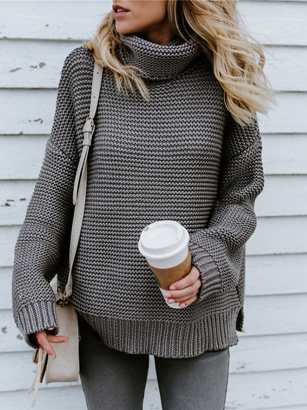 Turtleneck Dropped Shoulder Slit Sweater - Super Amazing Store