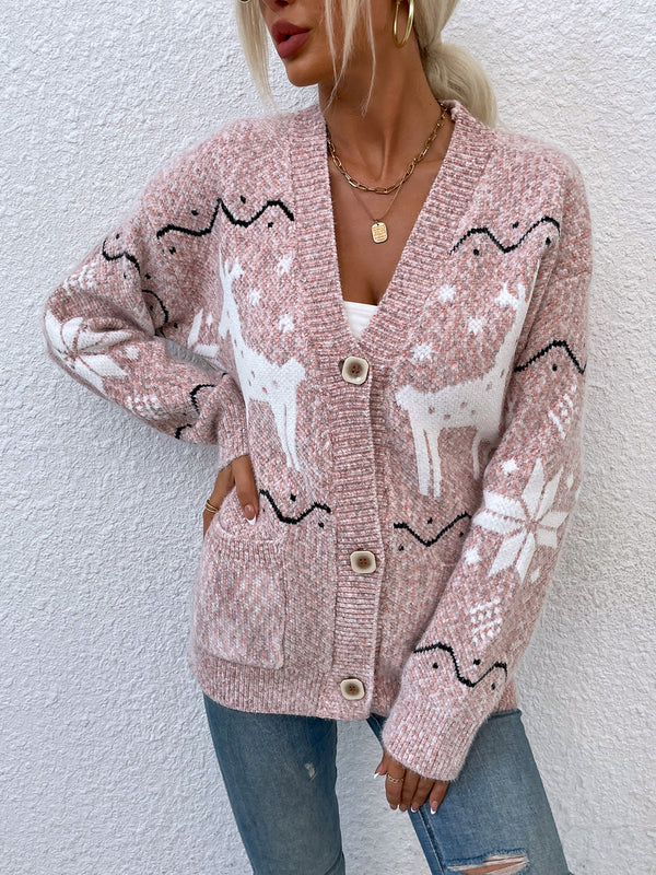 Reindeer Button Down Cardigan with Pockets - Super Amazing Store