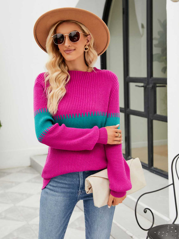 Contrast Round Neck Sweater - Super Amazing Store