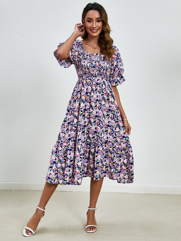 Smocked Floral Square Neck Short Sleeve Dress Trendsi