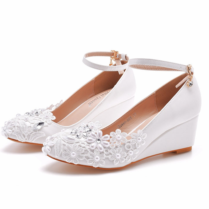 Round Toe Wedge Pumps Bridal Wedding White Shoes - Super Amazing Store