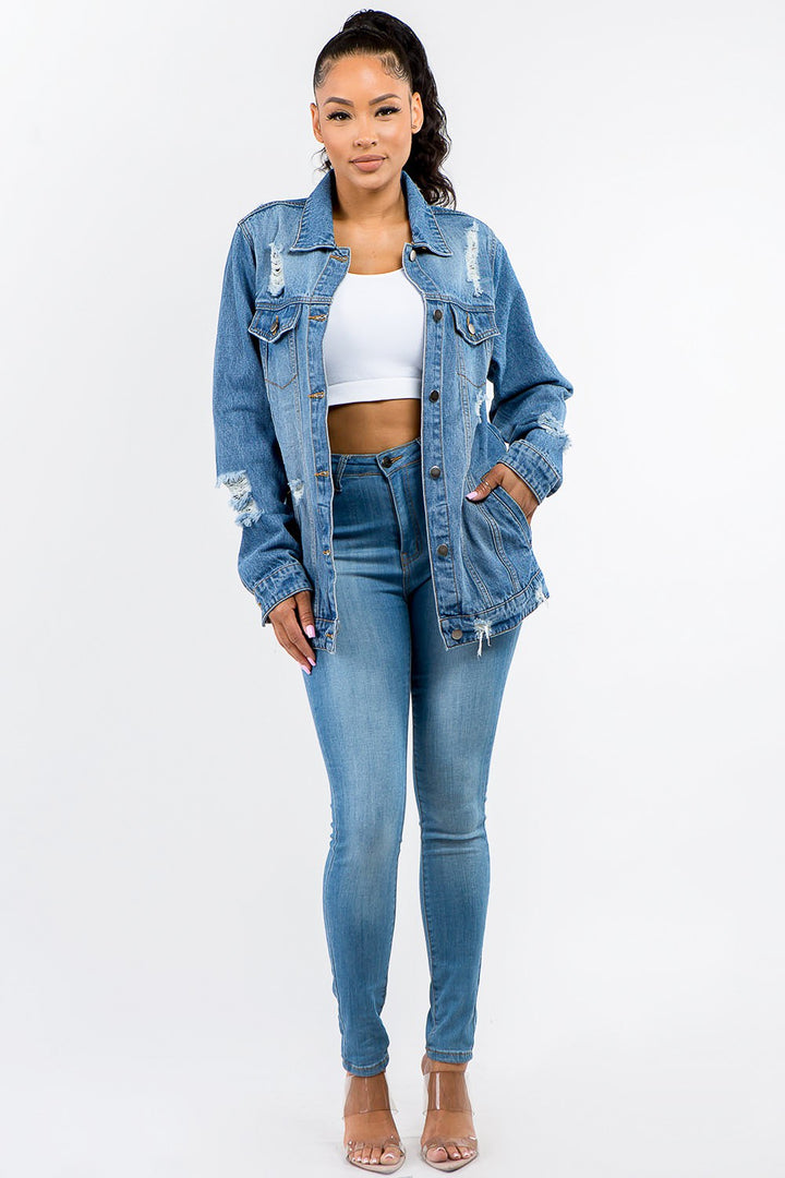 American Bazi Full Size Button Up Distressed Denim Jacket Trendsi