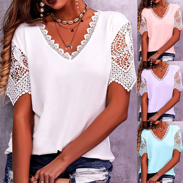 Lace Tops Women Summer Loose V Neck Short Sleeve Casual Shirts - Super Amazing Store