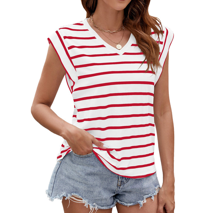 Fashion Stripe Print V-neck Short-sleeved T-Shirt Summer Loose Tank Top Womens Clothing-Super Amazing Store