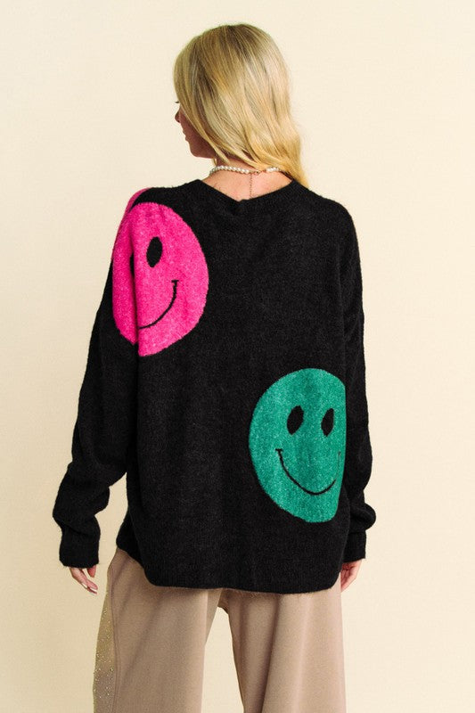 Davi & Dani Contrast Smile Round Neck Oversize Sweater Trendsi