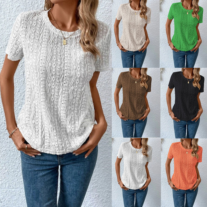 Hollowed Leisure Solid Color Round Neck T-shirt-Super Amazing Store