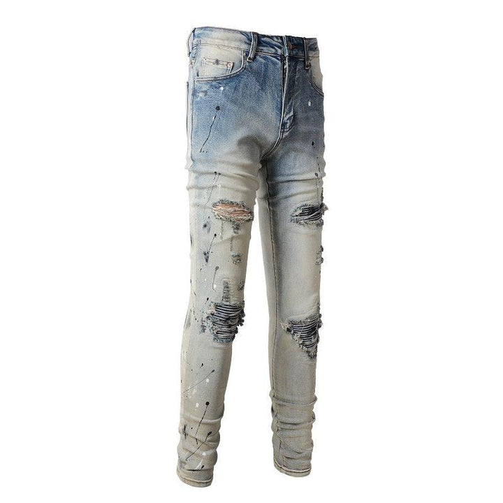 Light Colored Paint Splashing Ink Making Old Washed Jeans For Men - Super Amazing Store