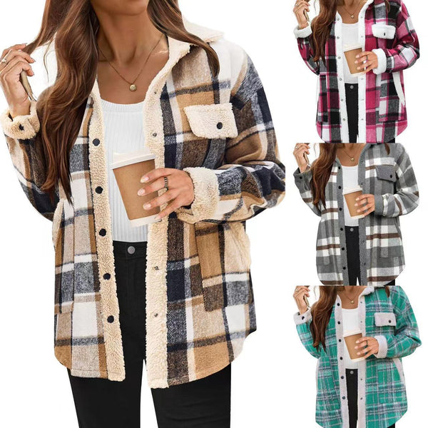 Contrast Color Plaid Jacket Casual Polo Collar Velvet Coat Super Amazing Store