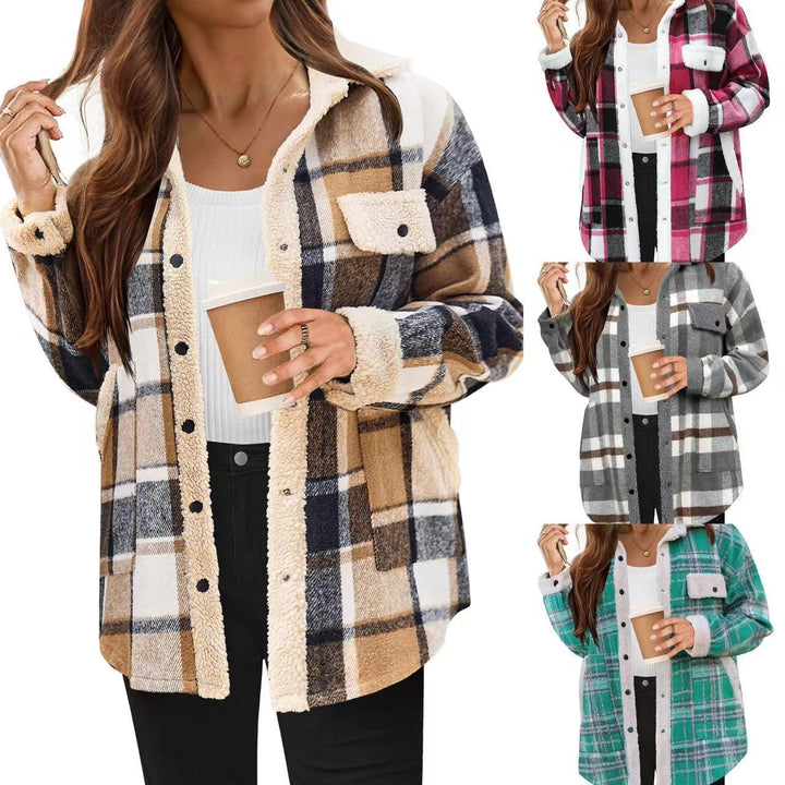Contrast Color Plaid Jacket Casual Polo Collar Velvet Coat Super Amazing Store