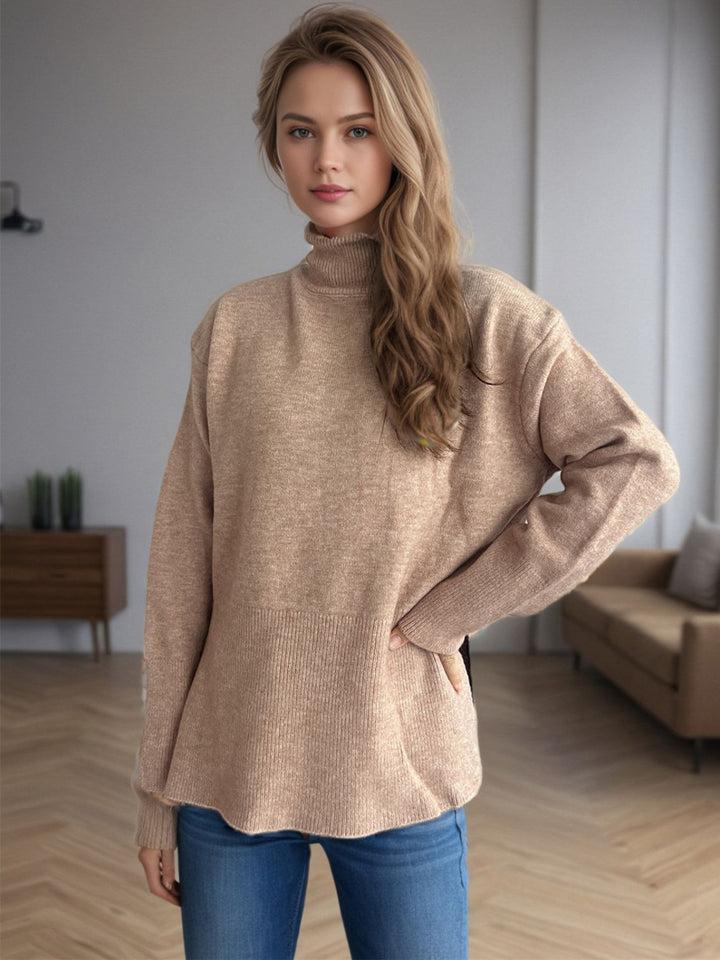 Side Slit Turtleneck Long Sleeve Sweater Trendsi