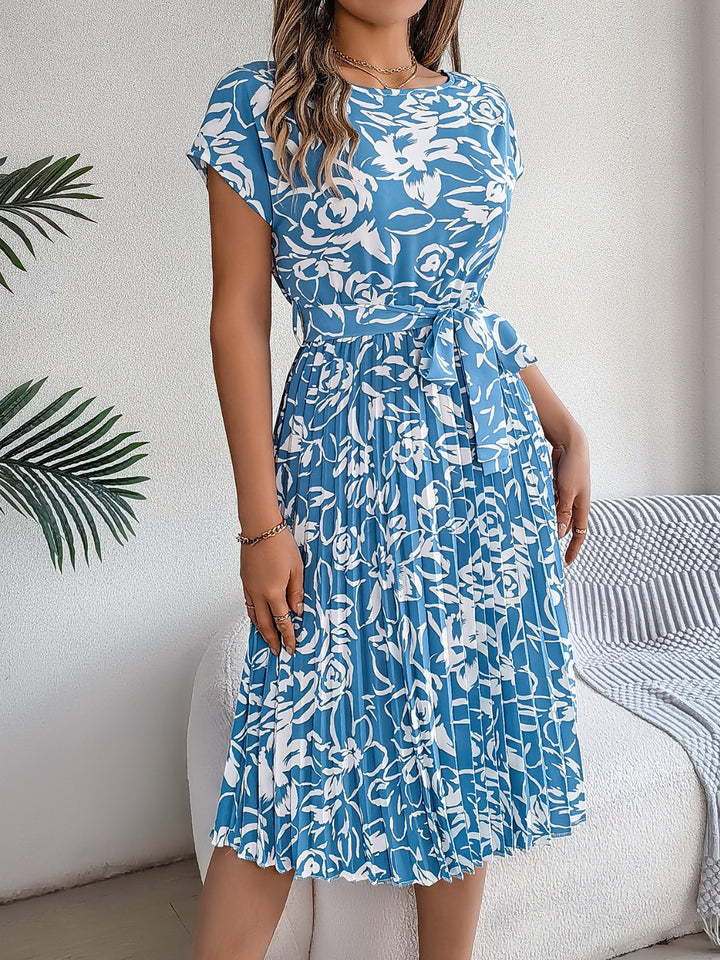 Tied Pleated Printed Short Sleeve Dress Trendsi