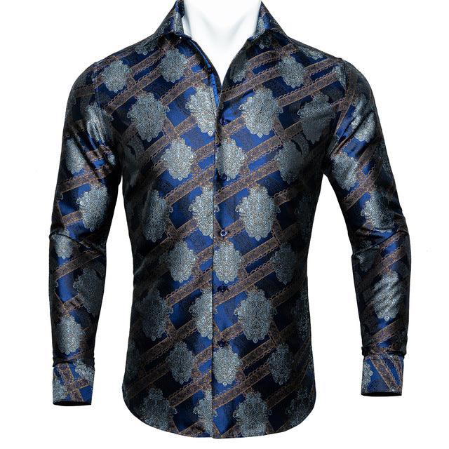 Barry.Wang Teal Paisley Floral Silk Shirts Men Autumn Long Sleeve Casual Flower Shirts For Men Designer Fit Dress Shirt BCY-05 - Super Amazing Store