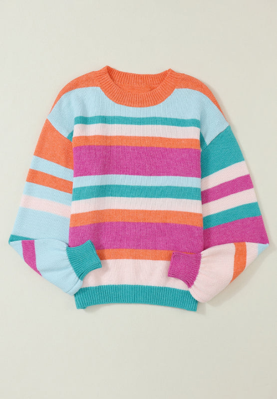 Striped Round Neck Drop Shoulder Sweater Trendsi