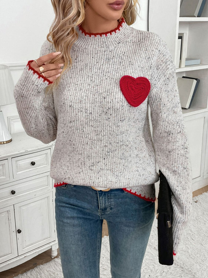 Perfee Contrast Heart Round Neck Long Sleeve Sweater Trendsi