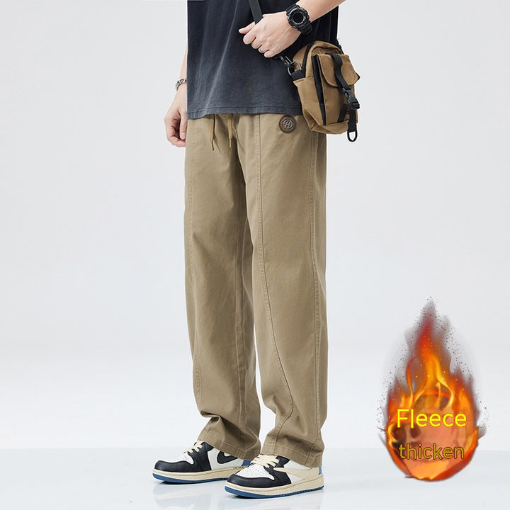 Pure Cotton Casual Pants Men's Autumn And Winter Fleece-lined Thickened Straight Trousers Q2