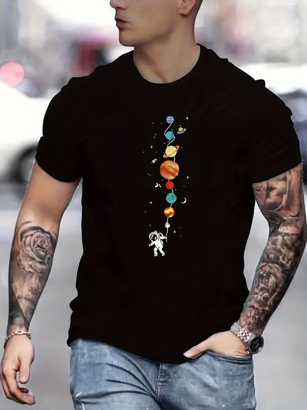 Astronaut And Planet Graphic Printed Casual Round Neck Men's Short Sleeved Shirt, Quick Drying Comfortable Casual Summer T-shirt, Suitable For Daily Wear, Exercise And Vacation Destinations Super Amazing Store