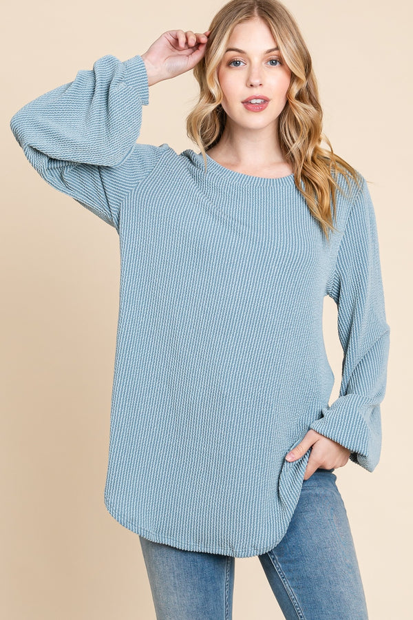 BOMBOM Long Sleeve Curved Hem Ribbed T-Shirt Trendsi