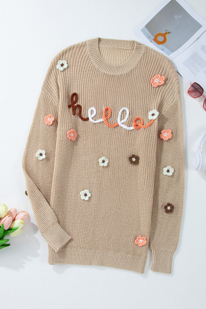 HELLO Flower Round Neck Long Sleeve Sweater Trendsi