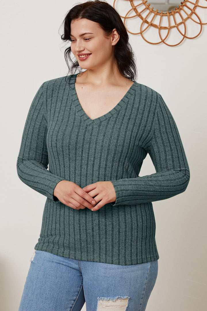 Basic Bae Full Size Ribbed V-Neck Long Sleeve T-Shirt Trendsi