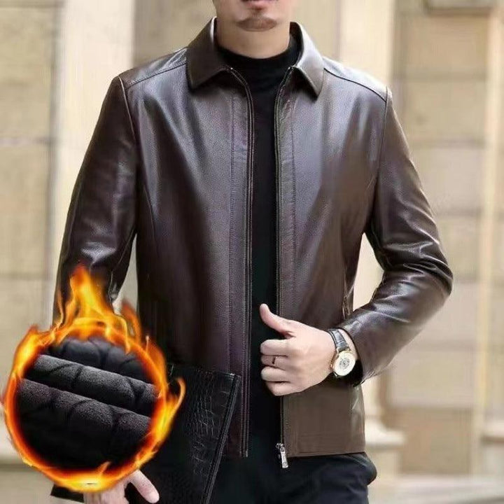 Leather Jacket For Middle-aged Men Leather Clothing With Stand Collar Men Fleece-lined Q2