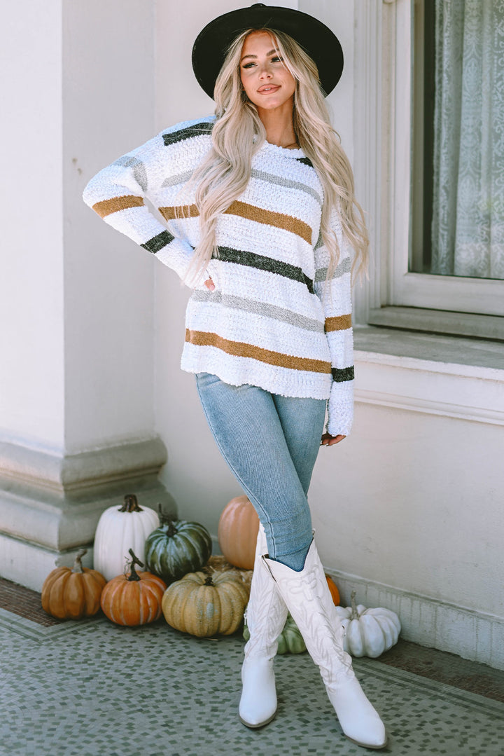 Striped Round Neck Dropped Shoulder Sweater Trendsi