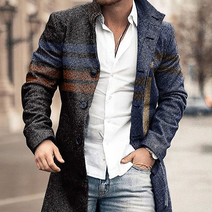 Autumn And Winter Men's Woolen Stand Collar Medium Long Pocket Casual Coat Q2