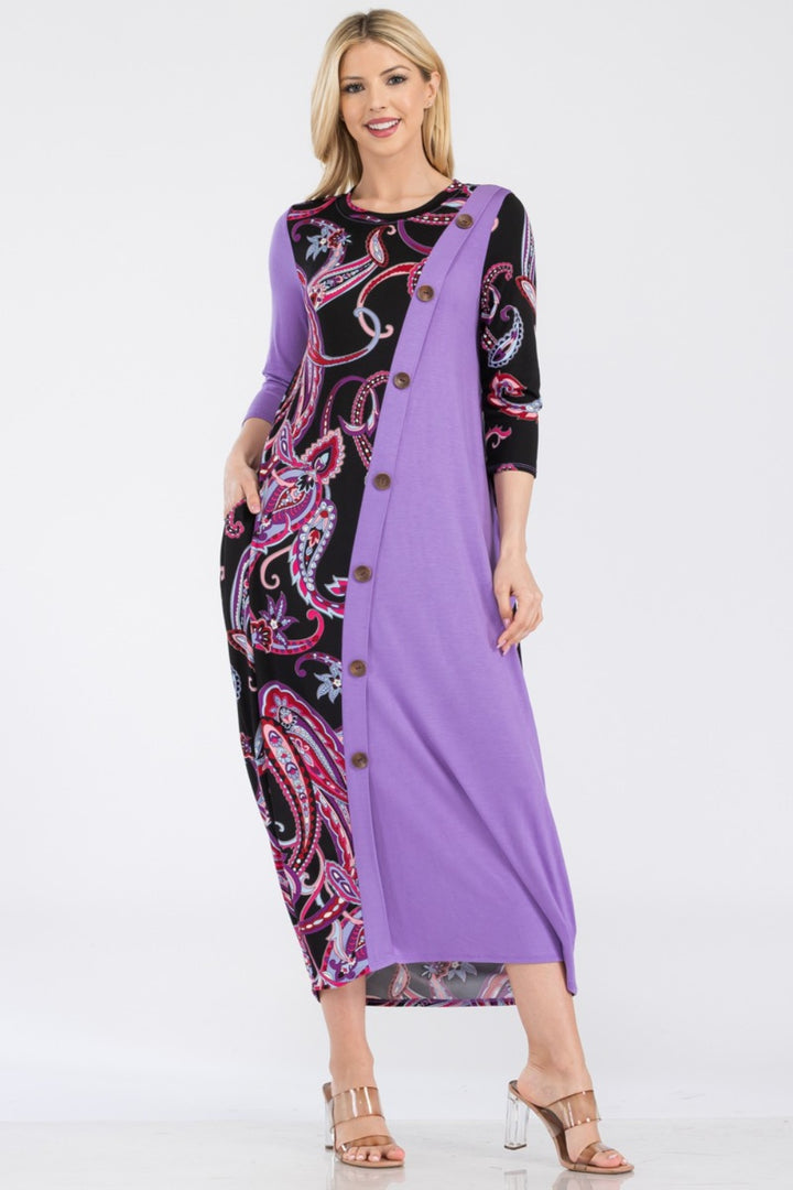 Celeste Full Size Paisley Contrast Midi Dress with Pockets Trendsi